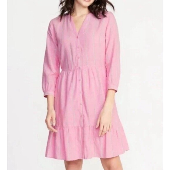 New OLD NAVY DRESS Shirt Waist Size XL Pink Stripe Linen Blend Button Career - Picture 1 of 13